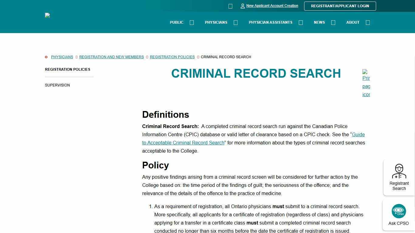 CPSO - Criminal Record Search